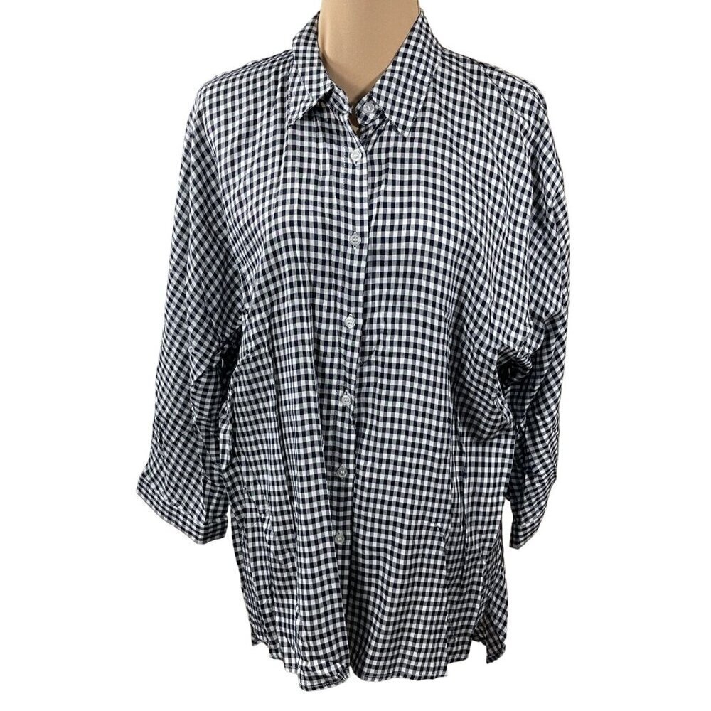 Premise Studio Women's Button Front Shirt Top Navy White Gingham Size 0X
